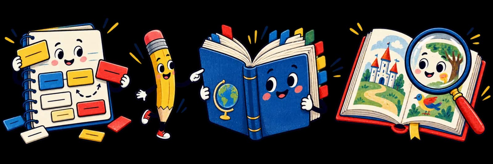 Cartoon notebook, dictionary and storybook representing grammar, vocabulary and reading