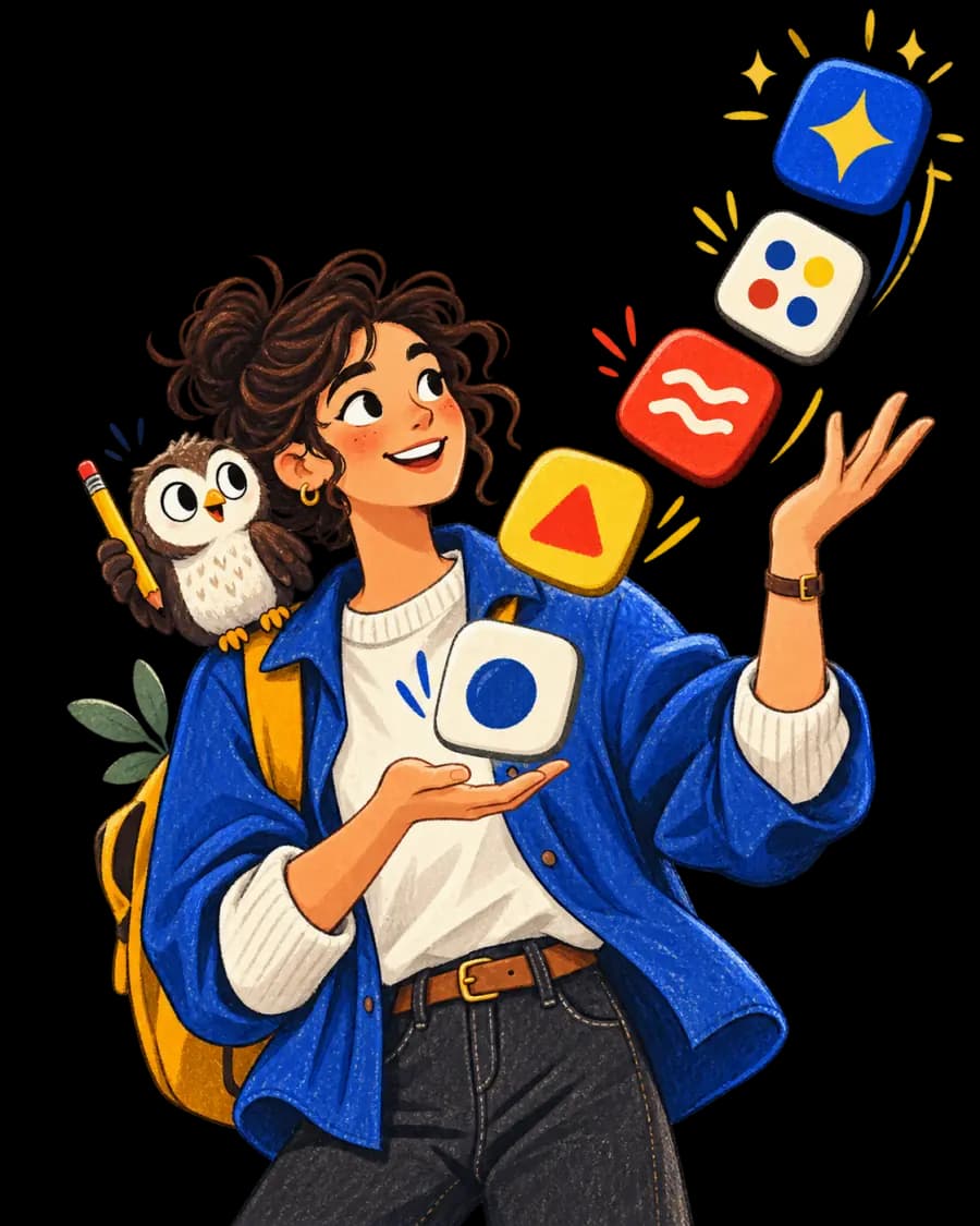 Cartoon learner exploring German language skills with a friendly owl