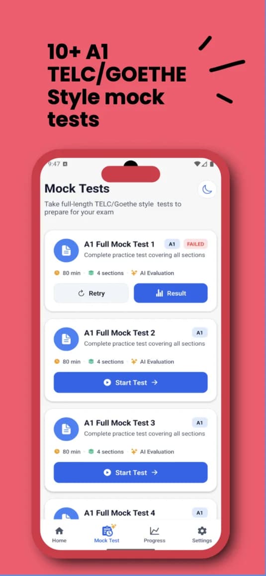 Goethe and TELC A1 mock tests in the German exam app
