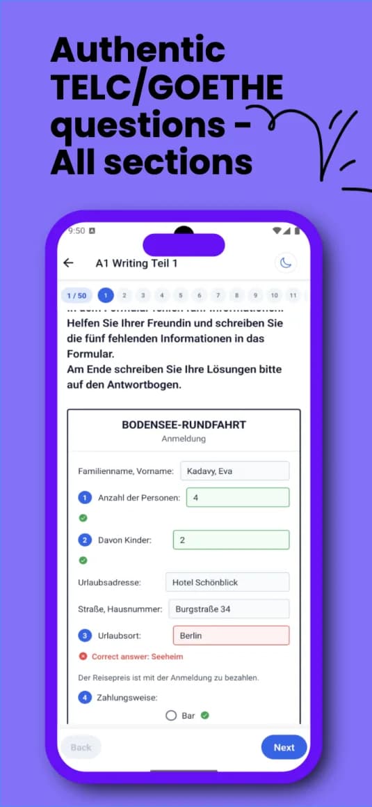 German A1 writing practice question displayed in the mobile app